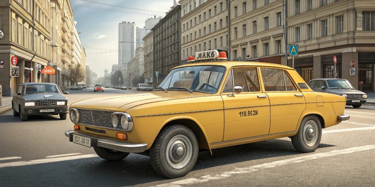 Classic GAZ Volga sedan used as a yellow Russian taxi on a city street