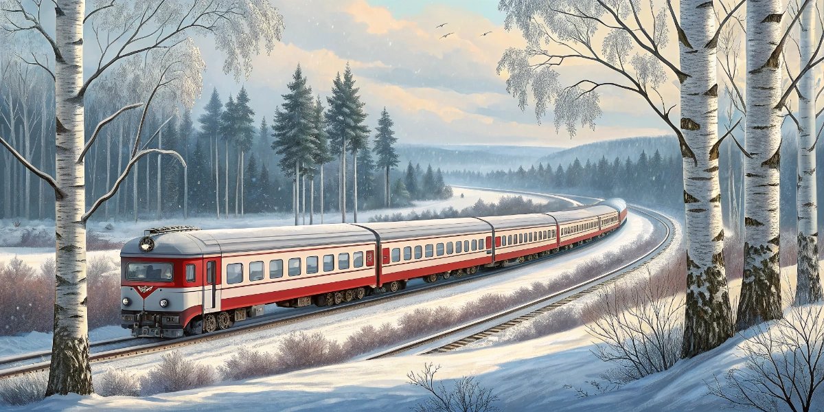 Trans-Siberian passenger train traveling through snowy Russian forest