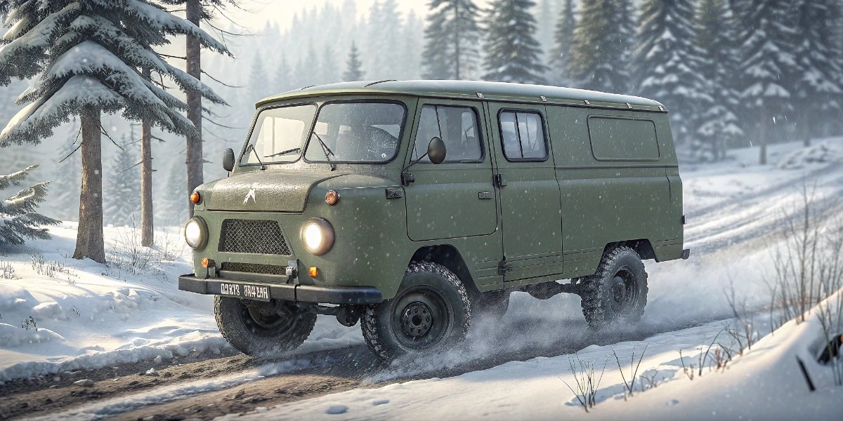 Boxy Russian UAZ off-roader driving through deep Siberian snow