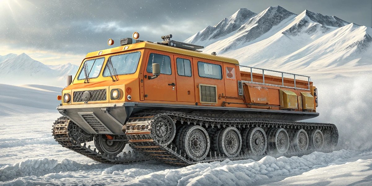 Russian tracked vehicle crossing deep Arctic snow with wide tracks