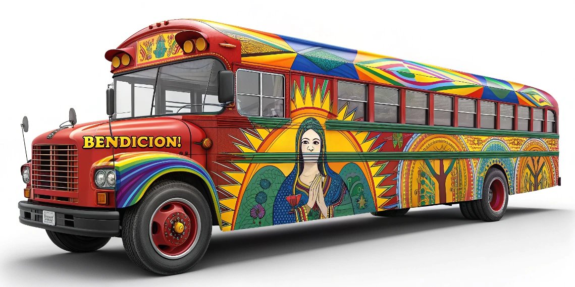 Colorful South American chicken bus painted with bright artwork