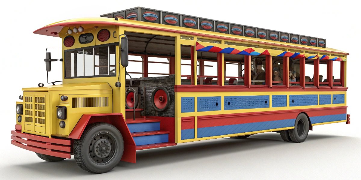Brightly painted Colombian chiva party bus with open sides