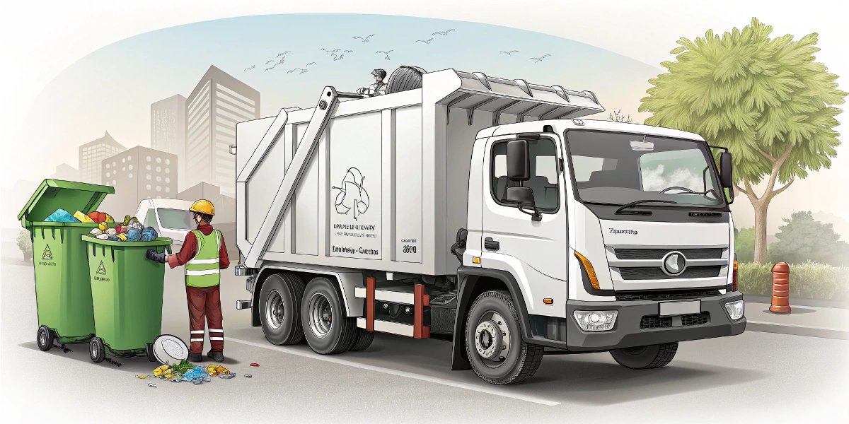 South American garbage truck and informal waste collectors loading materials
