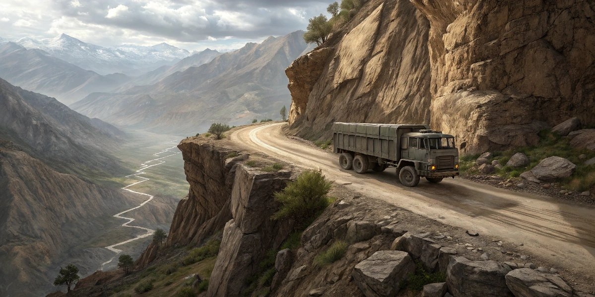 Andean mountain truck driving along a narrow cliff-edge road