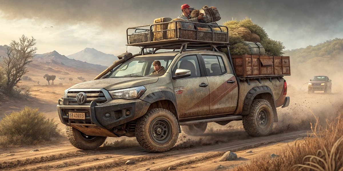 South American pickup truck loaded with cargo on a rough road