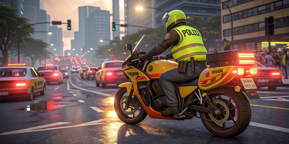 South American police officer riding a motorcycle through busy city traffic