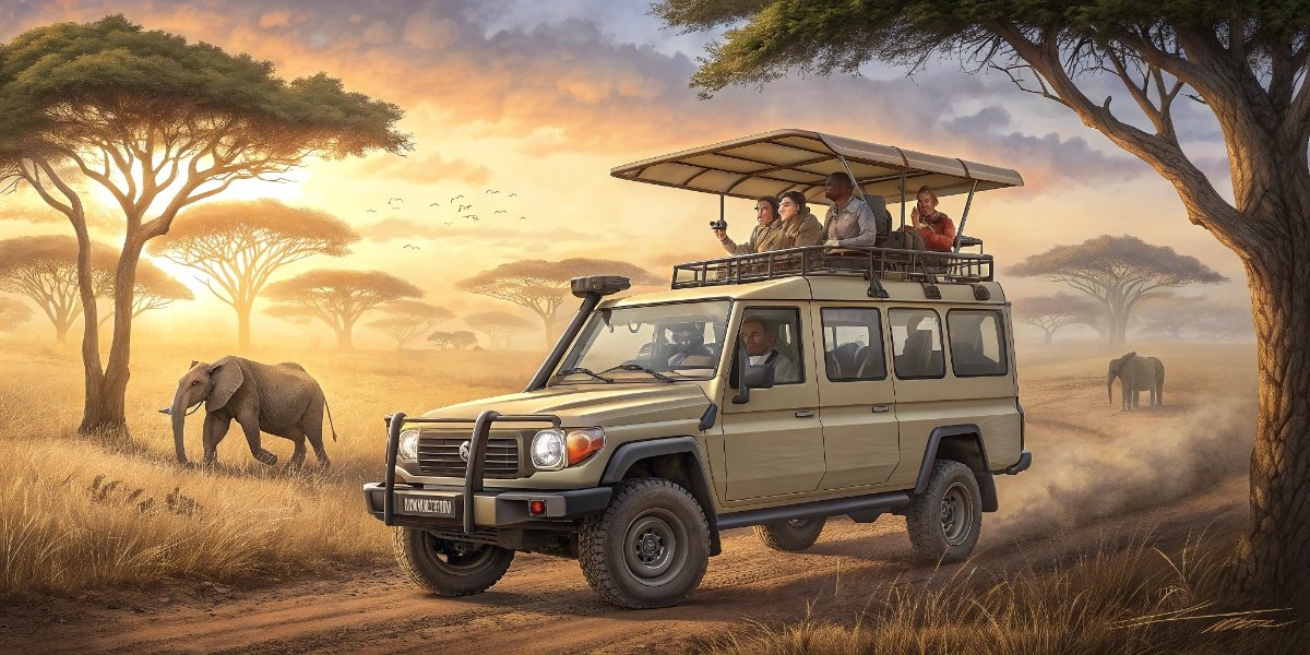 Safari 4x4 vehicle with open roof for wildlife viewing in African savanna