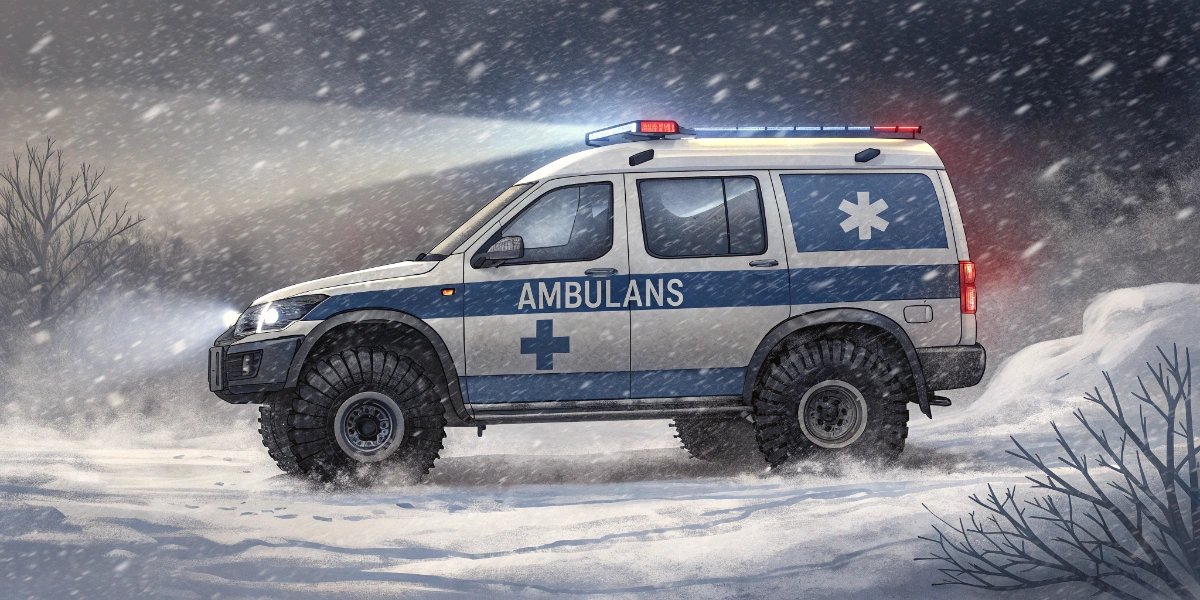 Scandinavian winter ambulance with studded tires driving on a snowy road