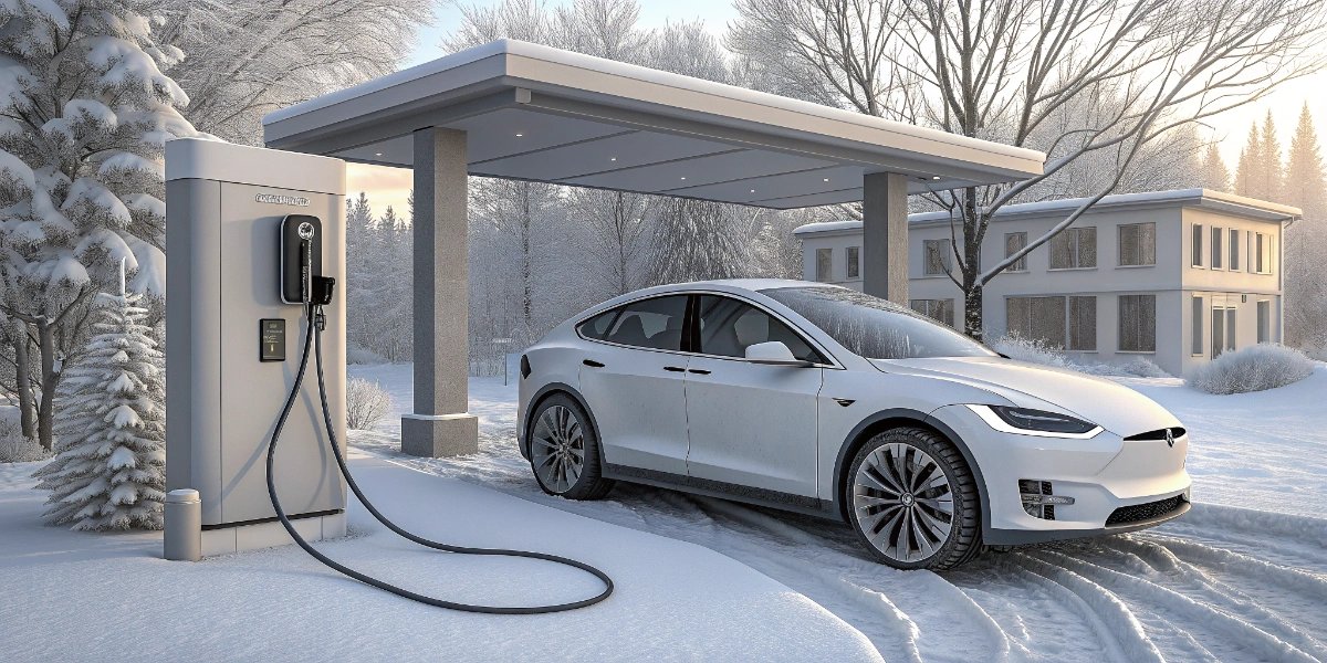 Electric car charging at a snowy Scandinavian charging station in winter