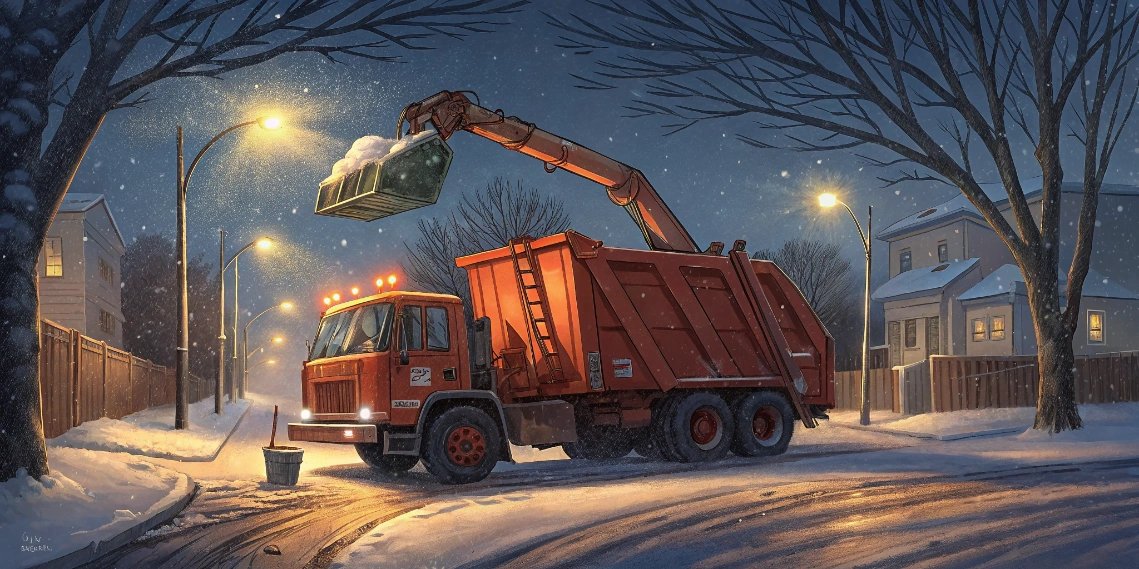 Garbage truck collecting waste on a snowy Scandinavian residential street