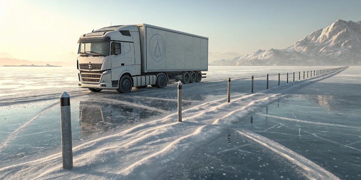 Ice road truck driving across a frozen Scandinavian lake in winter