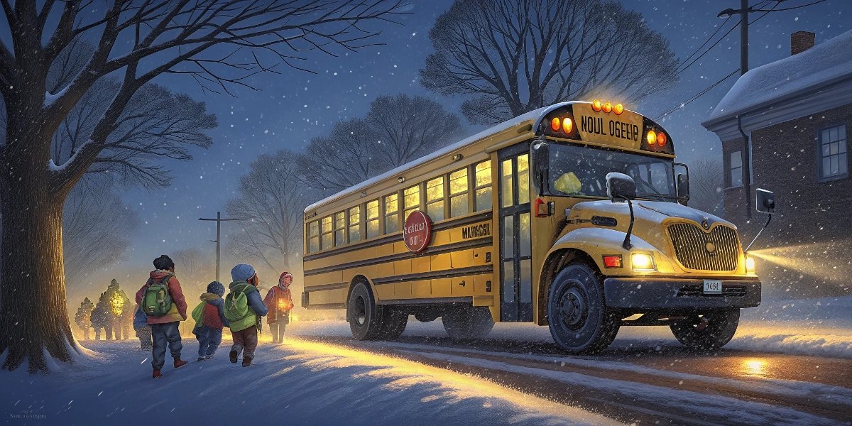 Scandinavian yellow school bus driving on an icy road with snowbanks