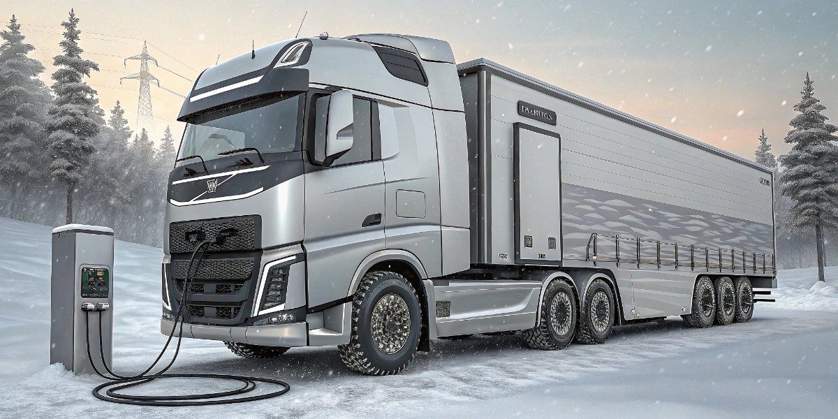 Silver Volvo truck parked on a snowy Scandinavian road in winter