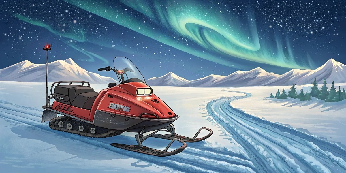 Snowmobile traveling across a snowy Arctic landscape in Scandinavia