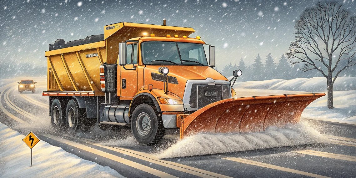 Scandinavian snowplow clearing a snowy road with rotating brushes and front blade