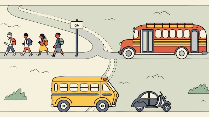 Illustration comparing an American yellow school bus with other school transport around the world