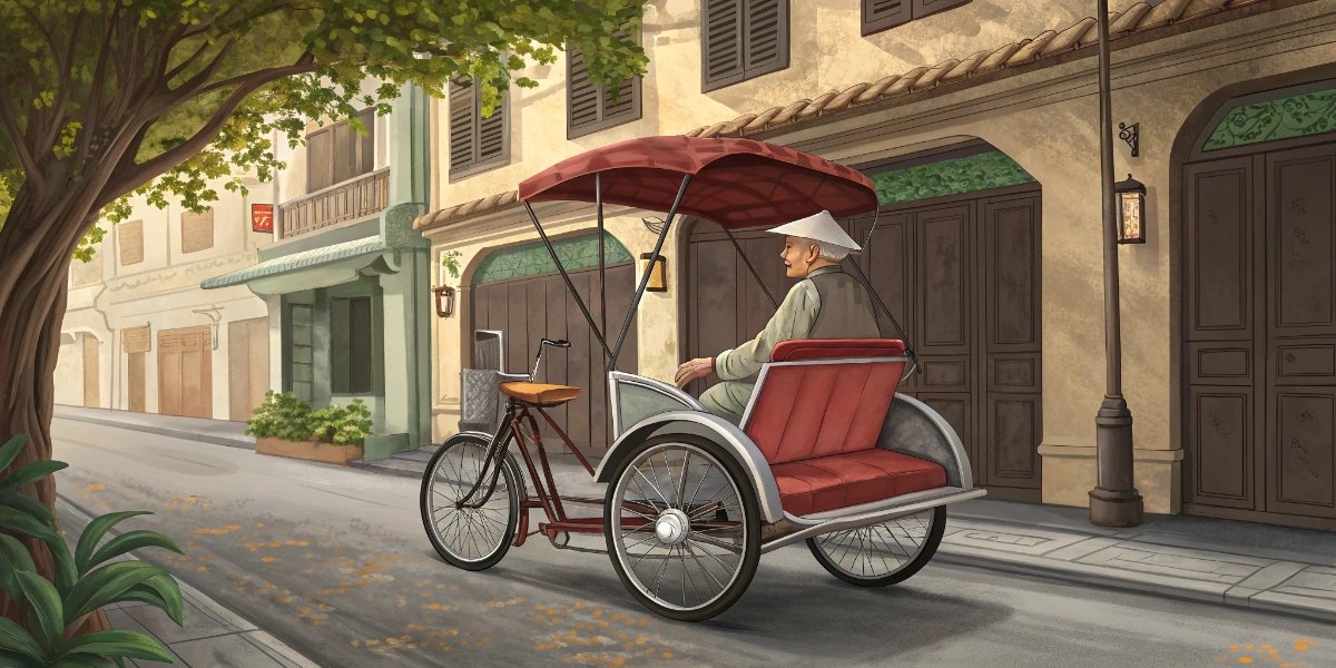 Vietnamese cyclo bicycle rickshaw with passenger seat in front and driver pedaling behind