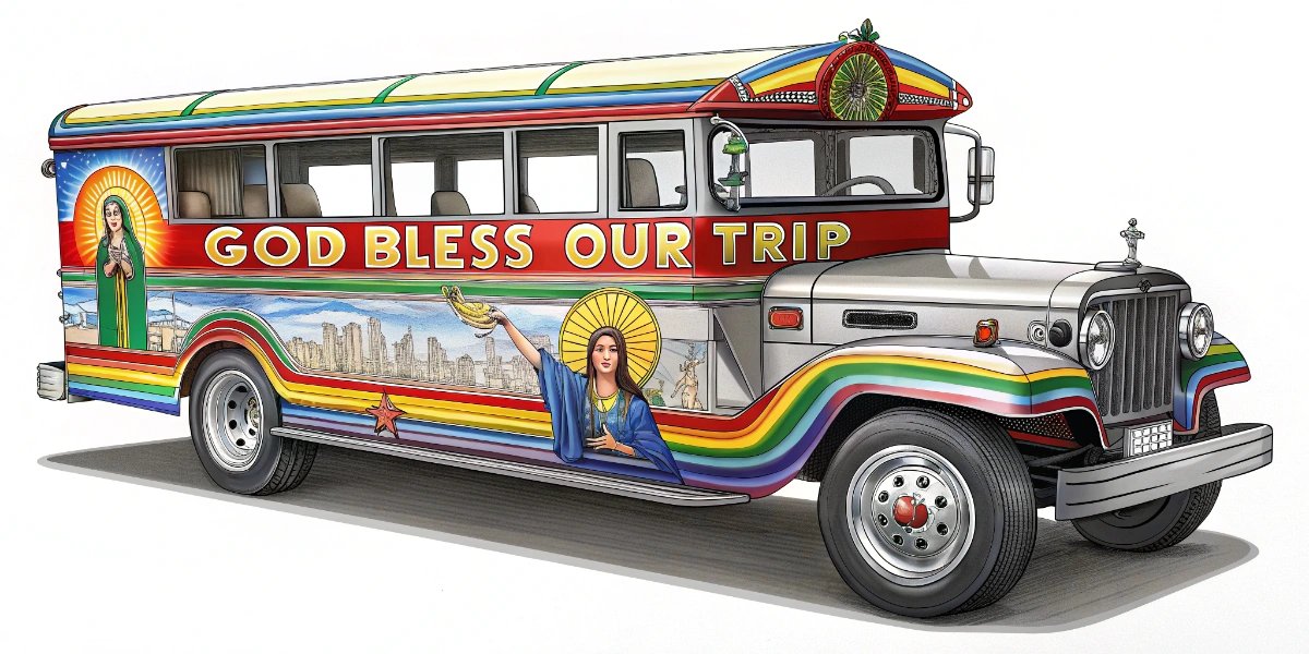 Colorful Southeast Asian jeepney bus decorated with bright chrome and artwork