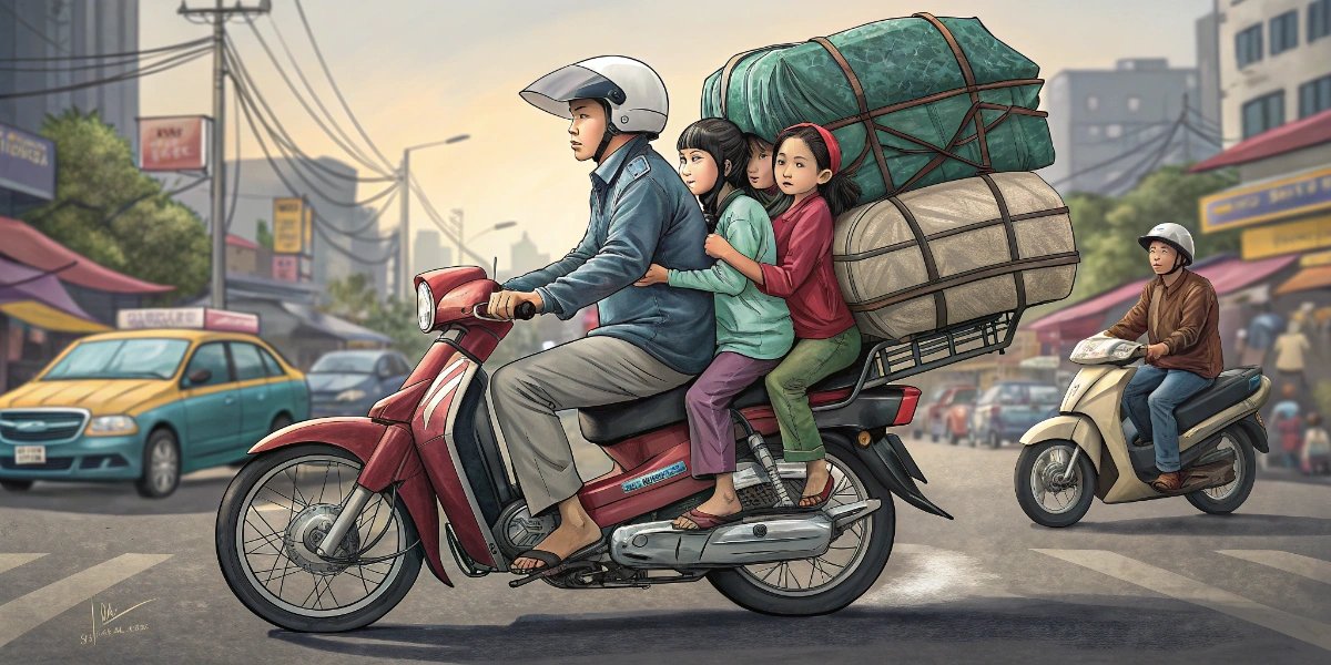 Busy Southeast Asian street filled with motorcycles carrying passengers and cargo