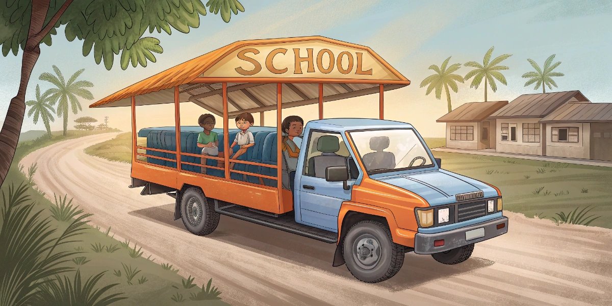 Southeast Asian school bus made from a modified pickup truck with canopy and bench seats