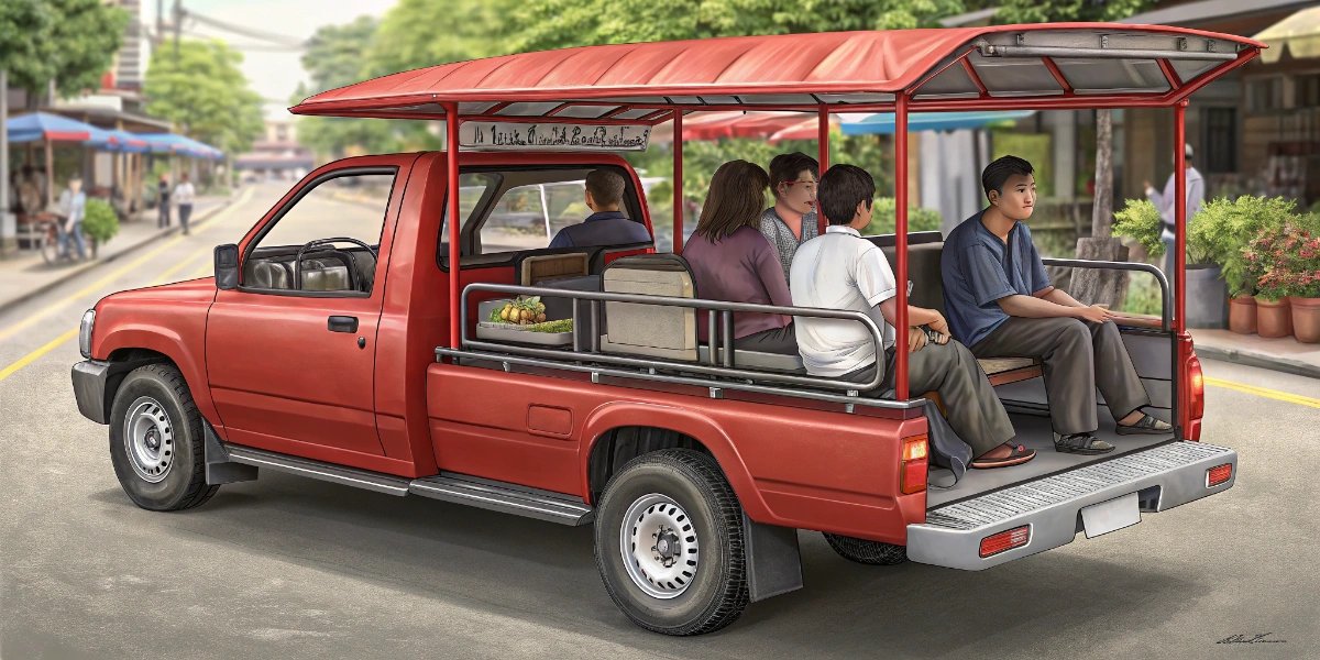 Red Thai songthaew pickup truck with bench seats in the back for passengers