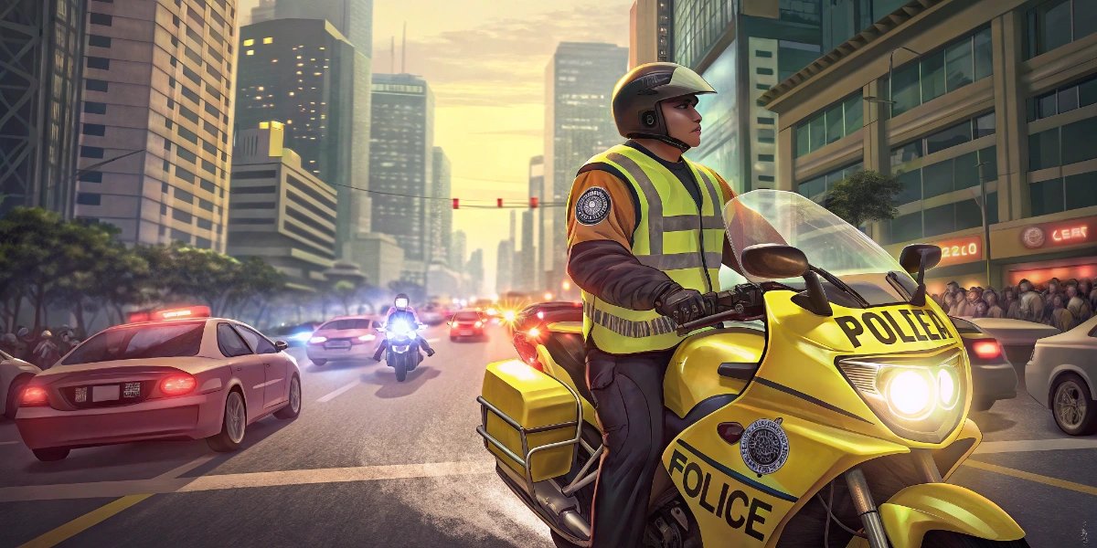 Southeast Asian police motorcycle weaving through dense city traffic