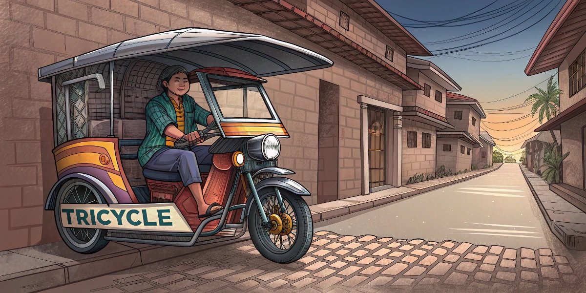 Philippine motorcycle tricycle with covered passenger sidecar on a narrow street