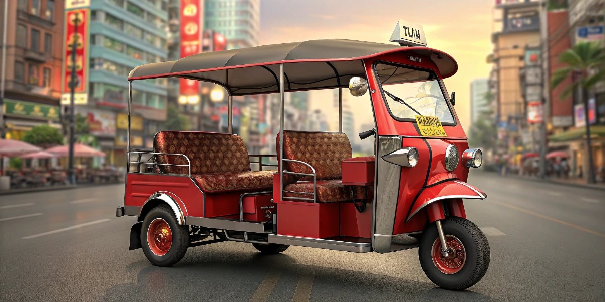 Brightly painted Thai tuk-tuk three-wheeled taxi on a busy street