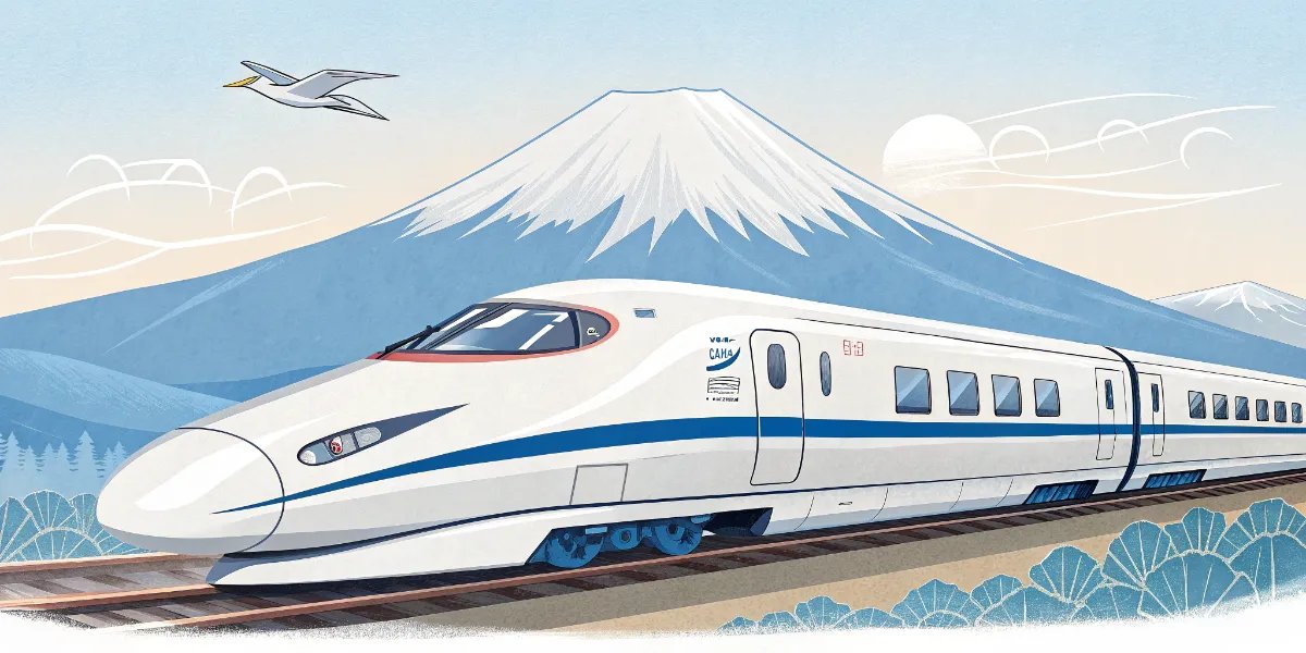 Sleek Shinkansen bullet train with distinctive aerodynamic nose