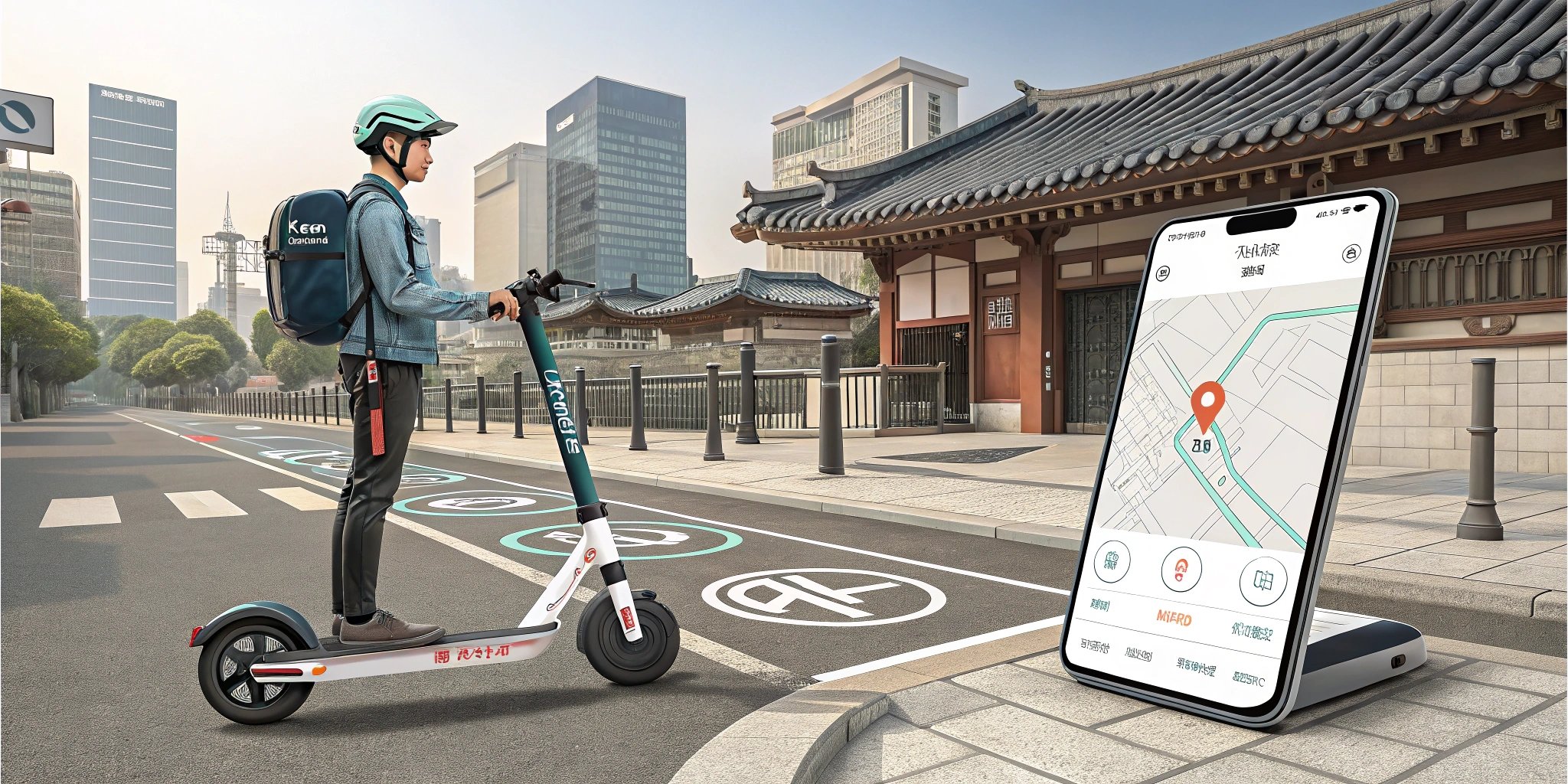 Person riding an electric kickboard on a bike lane in a Korean city