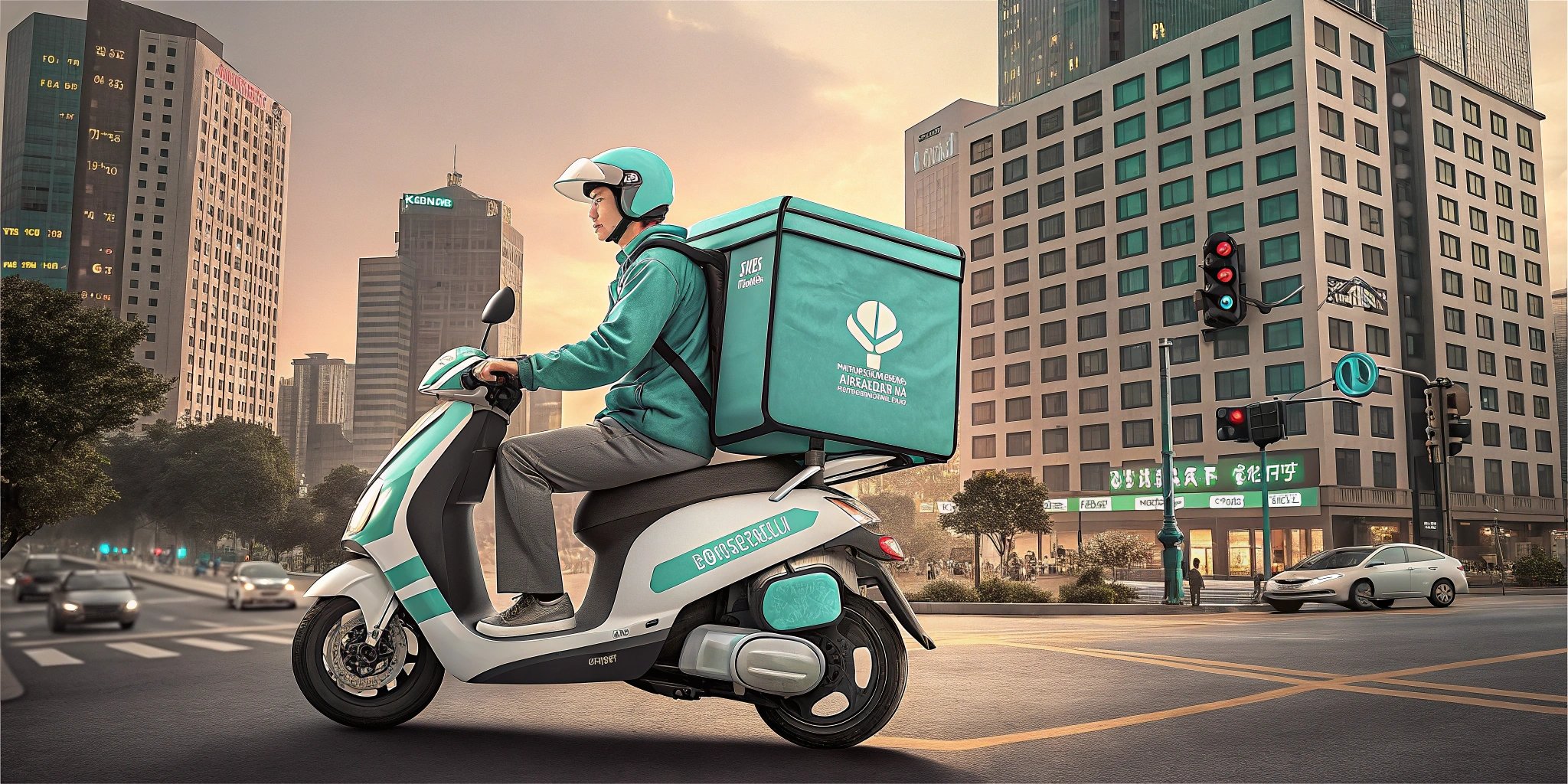 Food delivery rider on an electric scooter with an insulated backpack in a Korean city street