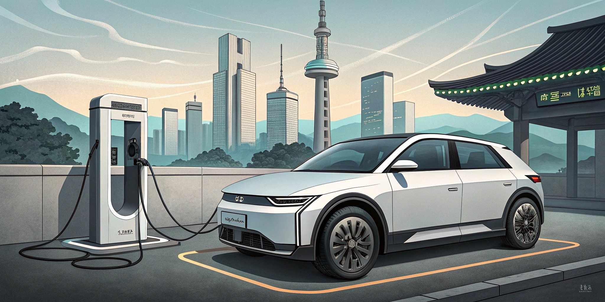 Hyundai Ioniq electric car parked in a modern Korean city environment