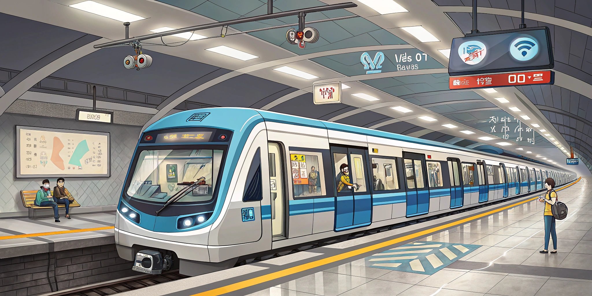 Seoul Metro train arriving at an underground station with passengers waiting on the platform