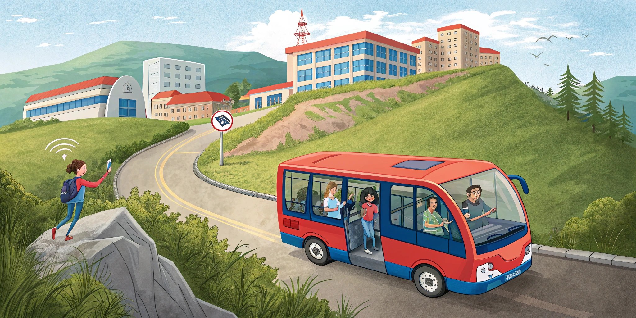 University shuttle bus picking up students on a hilly Korean campus