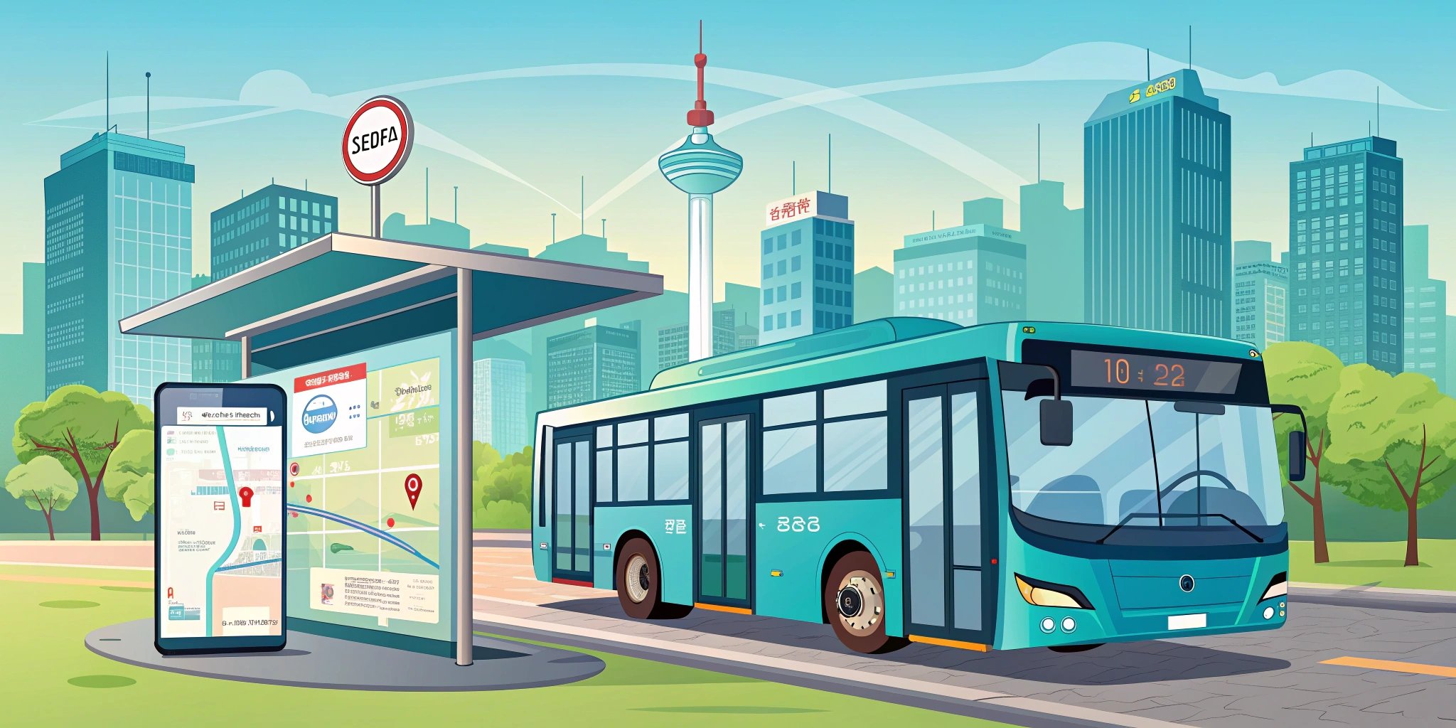 Smart city bus in South Korea with digital signage and passengers boarding