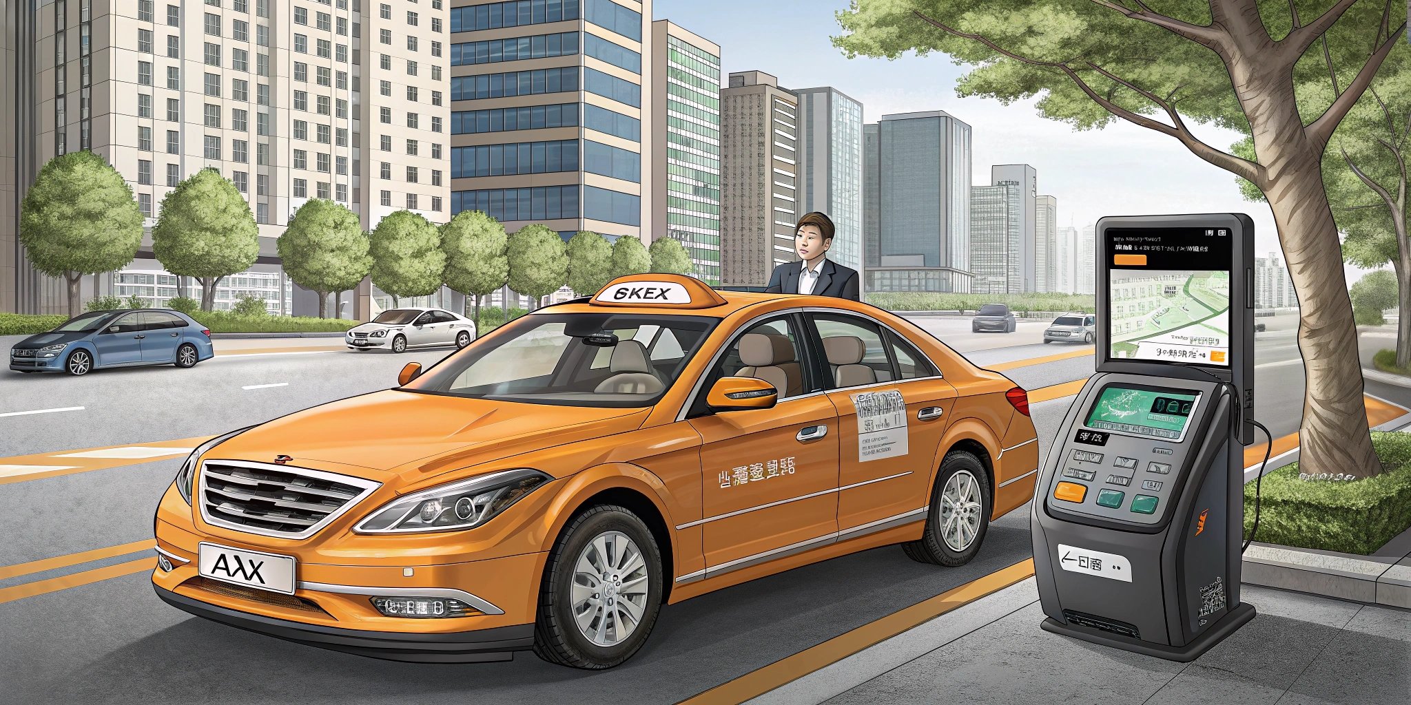 Orange Korean city taxi driving along a busy street at night