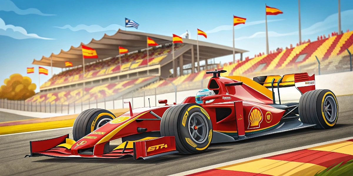 Red and yellow Formula One race car speeding around a track with Spanish flags in the grandstands