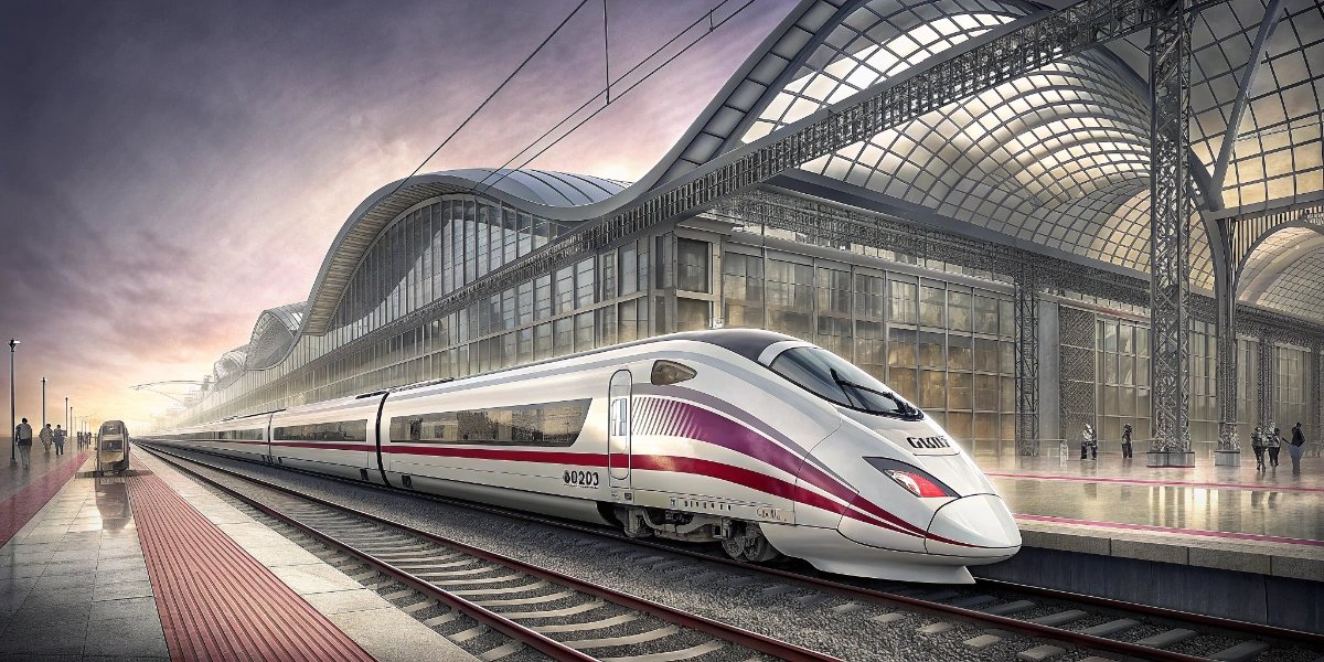 Spanish AVE high-speed train traveling through the countryside