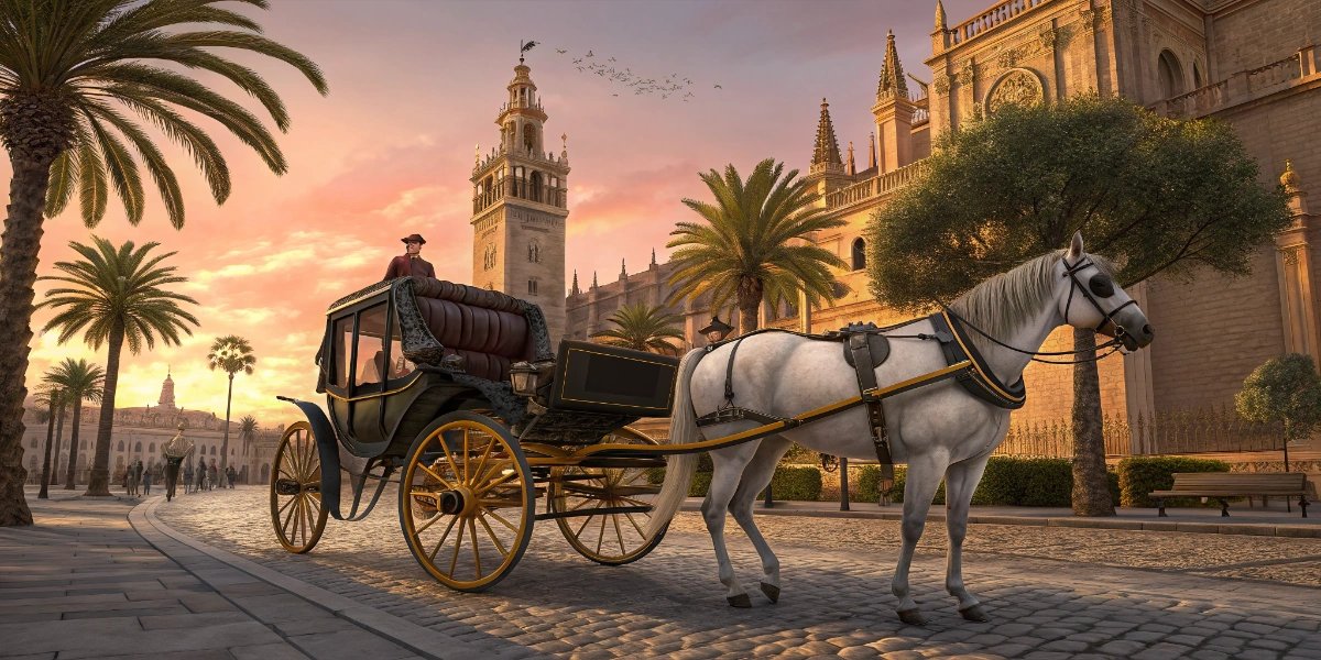 Horse-drawn carriage passing by historic buildings and palm trees in Seville at sunset