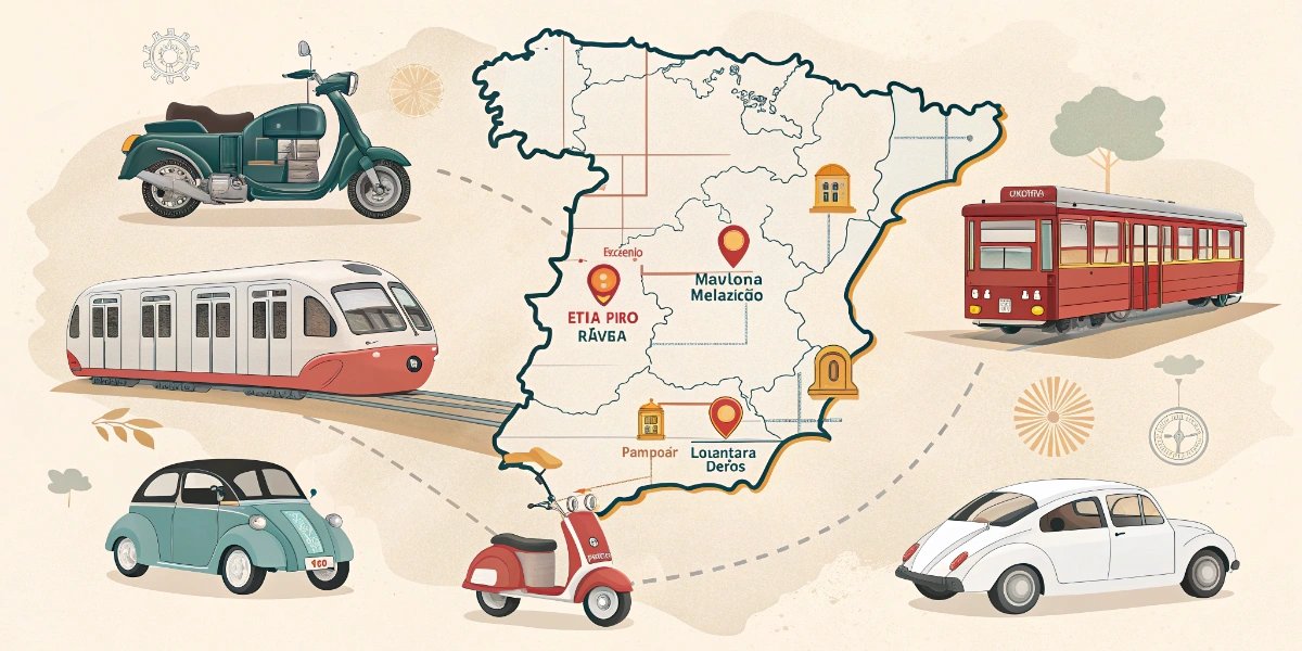 Collage of Spanish vehicles for kids around a map of Spain: AVE train, metro, taxi, scooter, and rack railway
