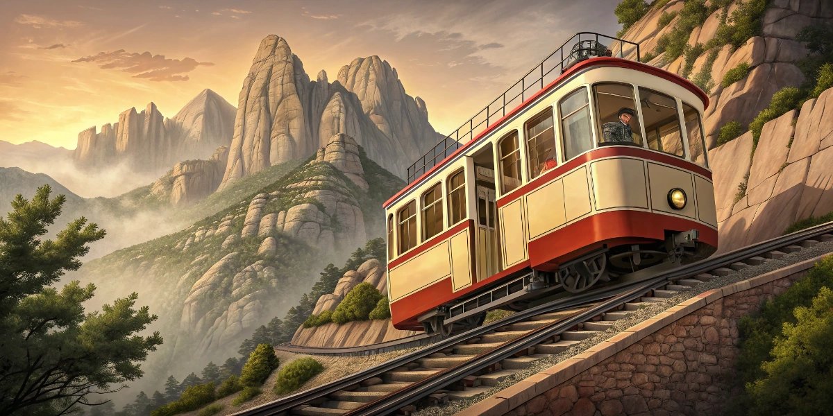 Green and white rack railway climbing the steep rocky slopes of Montserrat mountain