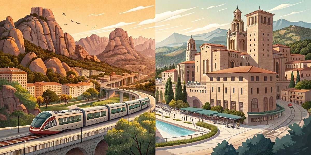 Split scene of Spain: AVE trains and metros on one side, mountain rack railways and old streets on the other