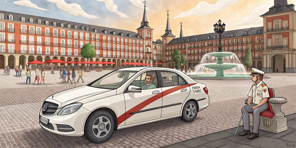 White Spanish taxi with colored stripe driving through a city street