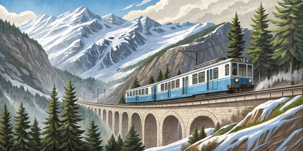 Rack railway train arriving at the snow-covered Vall de Núria station in the Pyrenees