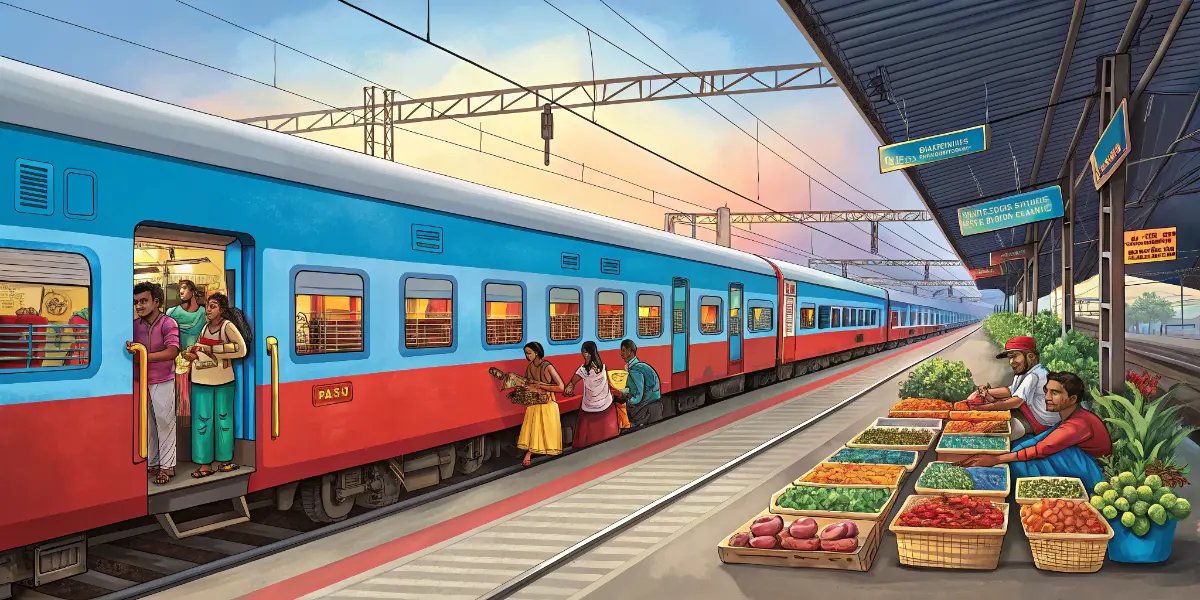 Colorful Indian railway train at a busy station