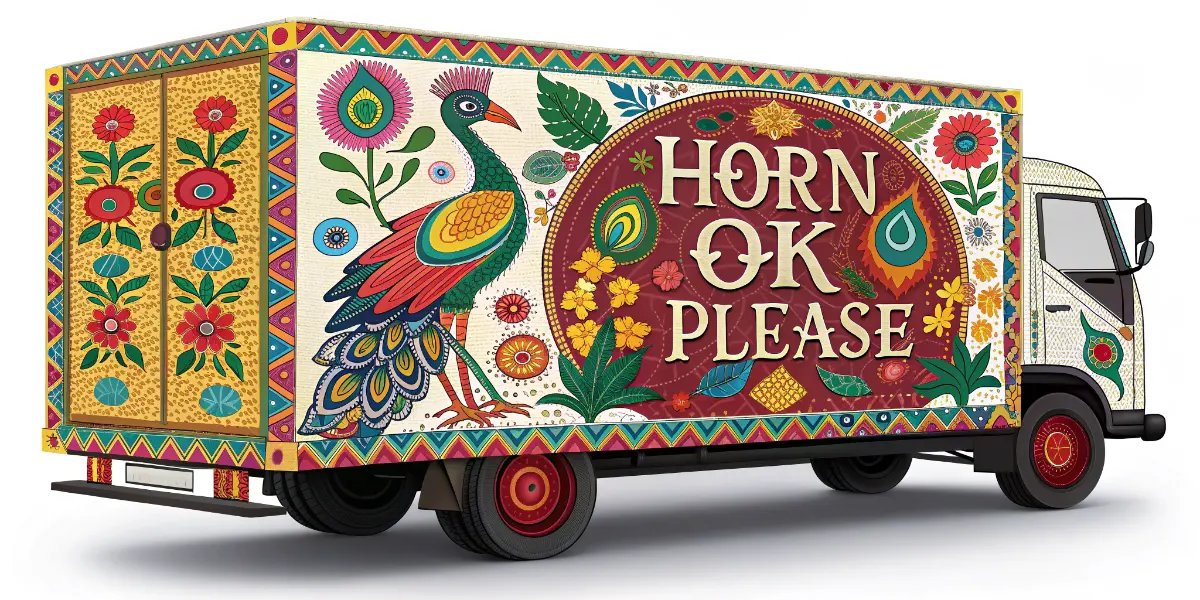 Colorfully decorated Indian truck with traditional folk art paintings
