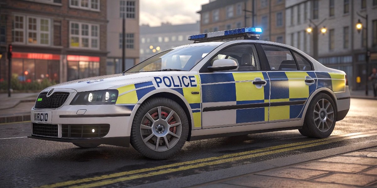 British police car with distinctive Battenburg checkerboard pattern