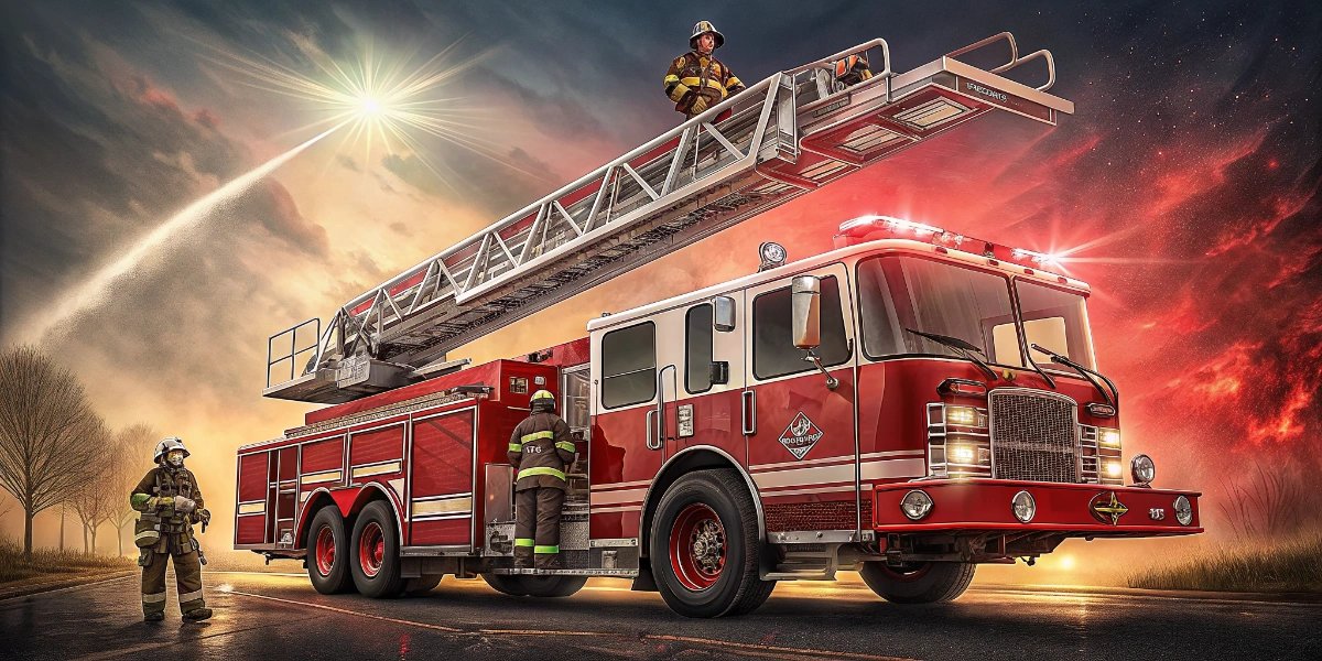 Red American fire truck with extended ladder and emergency lights
