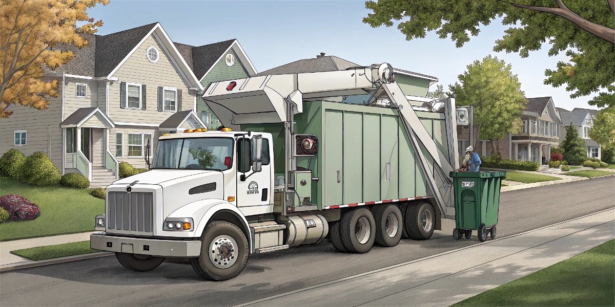 American garbage truck with automated arm collecting bins on residential street