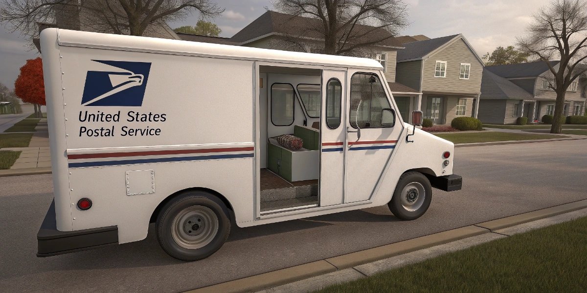 White USPS mail truck with right-hand drive delivering on a residential street